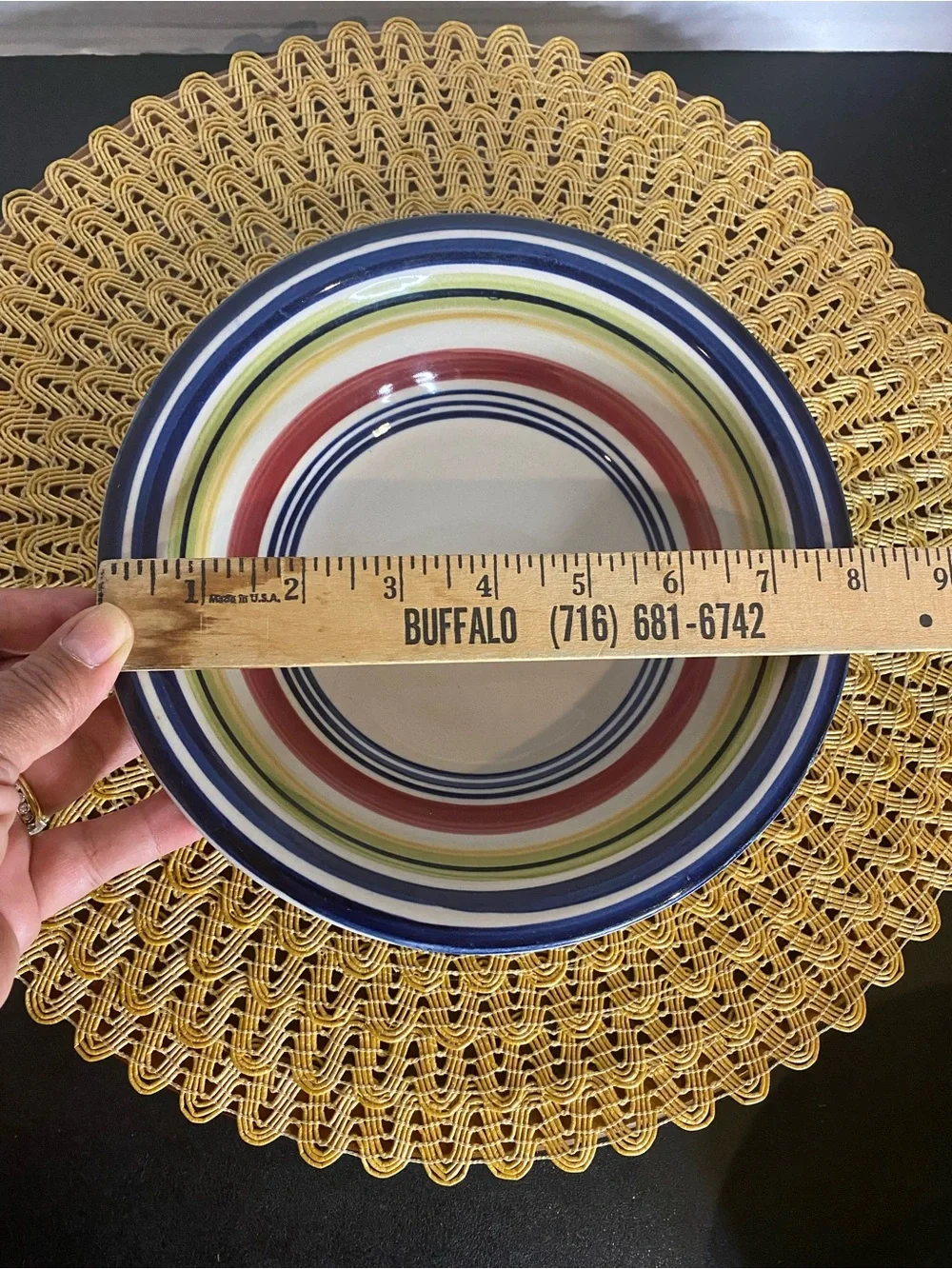 Pier 1 Striped Ceramic Dinner Bowls in Blue, Yellow, Red and Cream - Set of 4